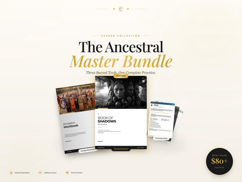 Peut inclure: Le lot Ancestral Master, comprenant trois outils sacr&eacute;s pour une pratique compl&egrave;te. L'image pr&eacute;sente un cahier d'exercices, un livre intitul&eacute; "Book of Shadows" et des cartes oracle. La valeur totale est de 80 $ et plus.