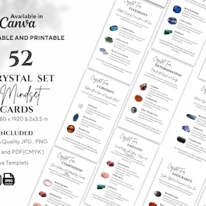 Tarjetas de 52 cristales para la mentalidad, cristales para el bienestar mental, kit de cristales editable, tamaño tarjeta de presentación, tarjetas de información del conjunto de cristales