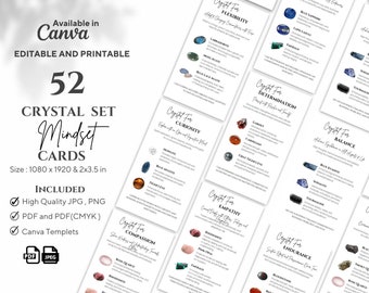 Puede incluir: Un conjunto de 52 tarjetas de mentalidad de cristal imprimibles que presentan diferentes cristales y sus beneficios mentales asociados. Las tarjetas son blancas con texto negro e imágenes de cristales. El texto en las tarjetas incluye "Cristal para la flexibilidad", "Cristal para la curiosidad", "Cristal para la determinación", "Cristal para el equilibrio", "Cristal para la empatía", "Cristal para la compasión" y "Cristal para la resistencia".