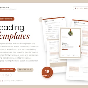 Puede incluir: Una colección digital de 16 plantillas de lectura en páginas blancas con texto y acentos marrones. El diseño incluye encabezados como Reading Templates, Ancestral Tree Map y Threshold Checklist, con secciones para notas y datos.