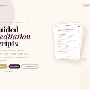 May include: An advertisement for "Guided Meditation Scripts" with the text "HEALERS HUB" and "BEST SELLER". The image shows a stack of papers with the title "Inner Child Healing" and the text "3 Meditations", "Printable", and "Instant Download".