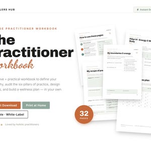 Könnte beinhalten: Ein 32-seitiges Arbeitsbuch mit dem Titel The Practitioner Workbook von Healers Hub. Das Dokument besteht aus weißen Seiten mit schwarzem Text und enthält Abschnitte wie How to use these pages, My boundaries & energy und Pillar VI - Energy & Mind-Body.