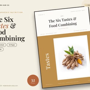 May include: A 32-page digital Ayurvedic nutrition guide titled The Six Tastes & Food Combining. The cover features a mustard-colored block, the word Tastes, and a photograph of fresh turmeric roots with green leaves on a white background.