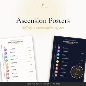 May include: Two A3-sized Ascension Posters, one light and one dark, featuring Solfeggio frequencies. The posters have a vertical design with colorful spheres and text. The text includes "Ascension Posters" and "Solfeggio Frequencies A3 Set."
