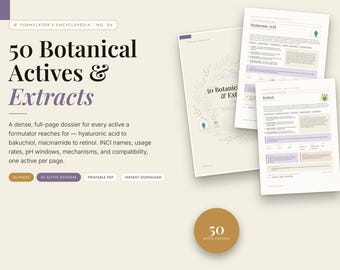 Guida a 50 principi attivi ed estratti botanici, Enciclopedia per la formulazione di prodotti per la cura della pelle in formato PDF, Riferimento agli ingredienti per la formulazione fai-da-te, 58 pagine