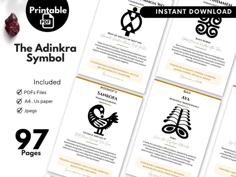 Adinkra Symbols: A7 / A6 Printable Cards - Meanings, Origins &amp; Proverbs ...