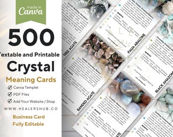 Puede incluir: Un conjunto de 500 tarjetas de significado de cristal imprimibles. Las tarjetas presentan diferentes tipos de cristales, incluyendo ágata bandeada, ágata de árbol, amazonita negra y abalone paua. Cada tarjeta incluye el nombre del cristal, sus beneficios y una descripción de sus propiedades. Las tarjetas son totalmente editables y se pueden usar para fines comerciales o personales.