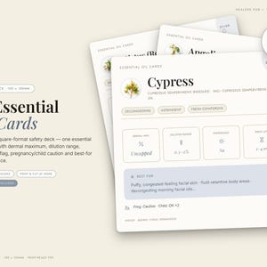 60 carte sugli oli essenziali, formato quadrato 100 x 100 mm, stampabili, con foglio informativo in formato A4 e PDF di riferimento sulla sicurezza in aromaterapia.