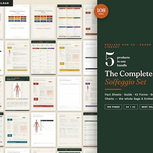 以下が含まれることがあります： The Complete Solfeggio Setと題されたデジタルダウンロードバンドル。108ページのファクトシート、周波数ガイド、42のフォーム、ボディチャート、9つのチャートが含まれています。ダークグリーンのプロモーションパネルには、Healers Hub Co、Sound Healing Library、5 products in one bundleなどのテキストが表示され、A4およびA3サイズのオプションがあります。