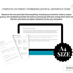 May include: A white background with a black tablet displaying text about vibrational healing. The image includes a workbook, journal, and reference guide. Text on the image reads "A4 SIZE".