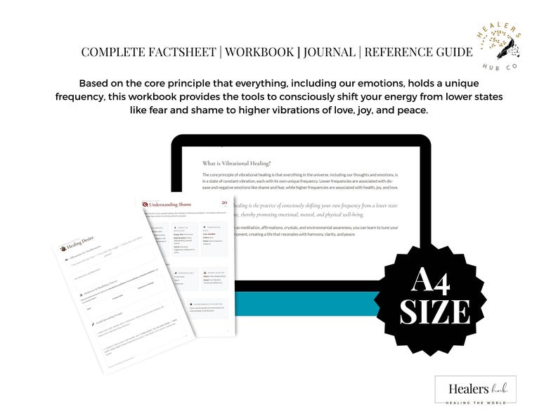 May include: A white background with a black tablet displaying text about vibrational healing. The image includes a workbook, journal, and reference guide. Text on the image reads "A4 SIZE".