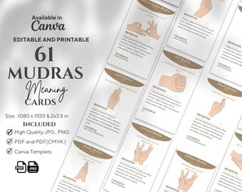 Plantillas de tarjetas de mudra: posturas de yoga para las manos, editables en Canva (descarga digital, PNG, PDF, CMYK)
