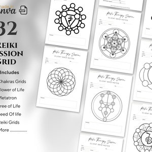 Könnte beinhalten: Ein Satz von 32 druckbaren Reiki-Sitzungsrastern, darunter Chakren, Blume des Lebens, Metatron, Lebensbaum, Lebenskern und Reiki-Raster. Die Raster sind schwarzweiß und haben ein schlichtes, minimalistisches Design.