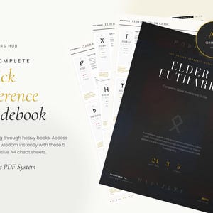 Może przedstawiać: Obraz czarnego i złotego przewodnika referencyjnego zatytułowanego "Elder Futhark" i kilku arkuszy A4. Przewodnik jest oznaczony jako "Complete Quick Reference Guide". Obraz zawiera również tekst "Healers Hub" i instrukcje dostępu do mądrości runicznej. Arkusze A4 są przeznaczone dla 5-stronicowego systemu PDF.