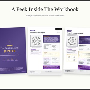 May include: A workbook titled "The Pentacles of Jupiter" with 52 pages of ancient wisdom. The cover is purple with gold accents and text. Two open pages display detailed diagrams and text, including the "First Pentacle of Jupiter" and "Second Pentacle of Jupiter."