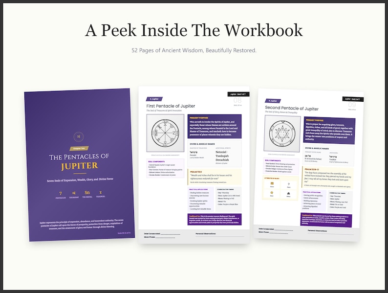 May include: A workbook titled "The Pentacles of Jupiter" with 52 pages of ancient wisdom. The cover is purple with gold accents and text. Two open pages display detailed diagrams and text, including the "First Pentacle of Jupiter" and "Second Pentacle of Jupiter."