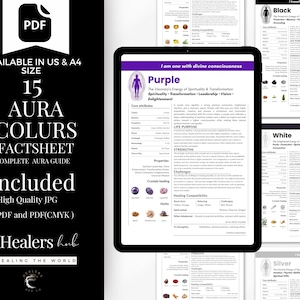 Puede incluir: Descarga digital con un gráfico en blanco y negro y el texto: "15 AURA COLORS FACTSHEET COMPLETE AURA GUIDE." Incluye archivos JPG y PDF de alta calidad. Una tableta muestra una guía de color de aura púrpura.