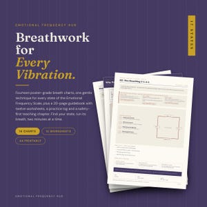 Pode incluir: Uma coleção de documentos de trabalho respiratório num fundo roxo escuro com texto branco e dourado. O título principal é Breathwork for Every Vibration. Os documentos incluem catorze gráficos, um guia de 20 páginas e doze folhas de trabalho.