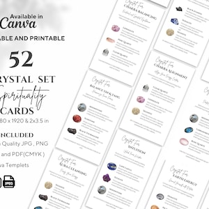 52 Crystal Kit Cards for Spirituality, Zestawy kart kryształowych, Edytowalne i drukowane zestawy kryształów duchowych, Karty odniesienia duchowego