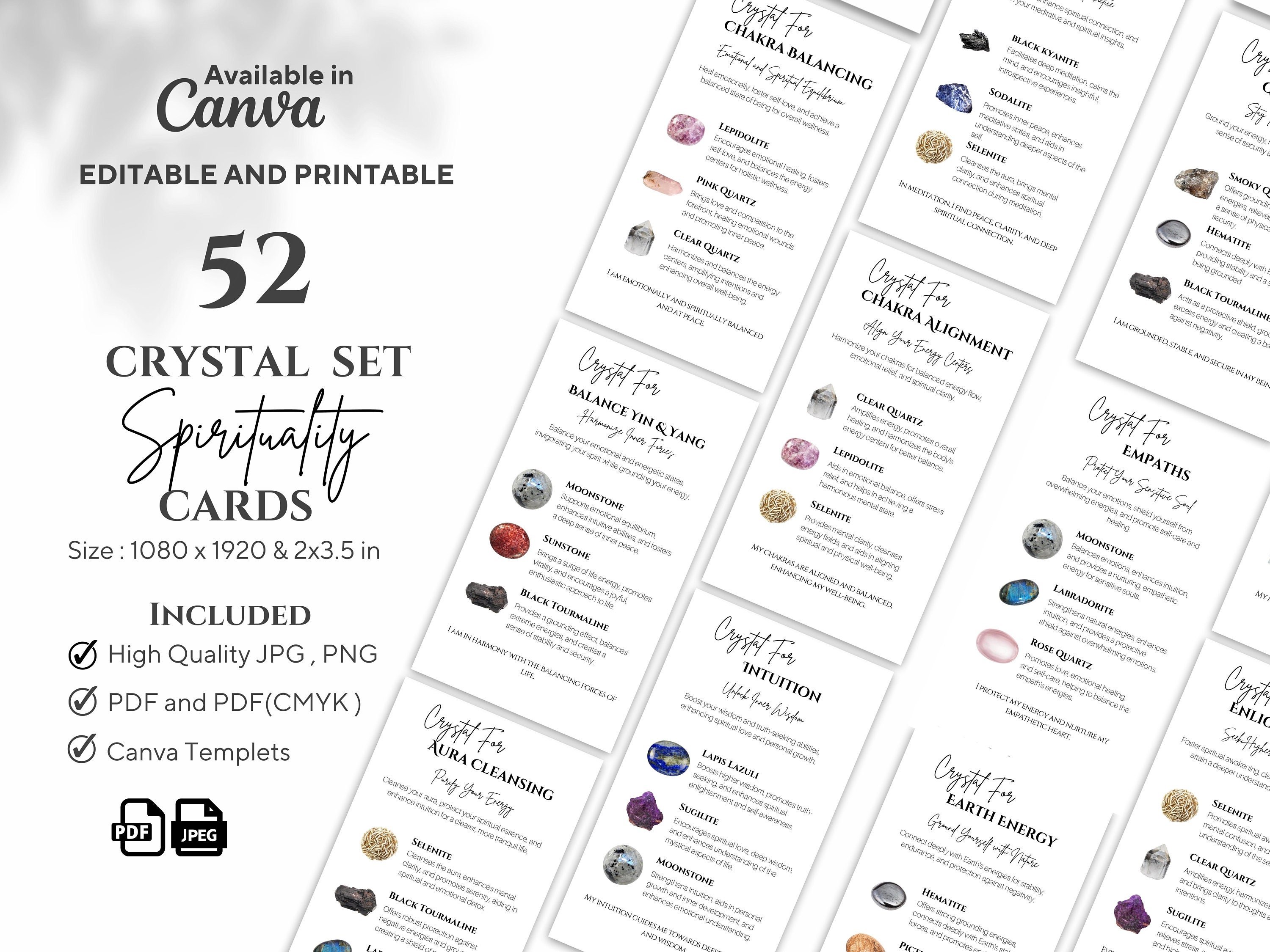 52 Crystal Kit Cards for Spirituality , Crystal Card Sets, Editable and ...