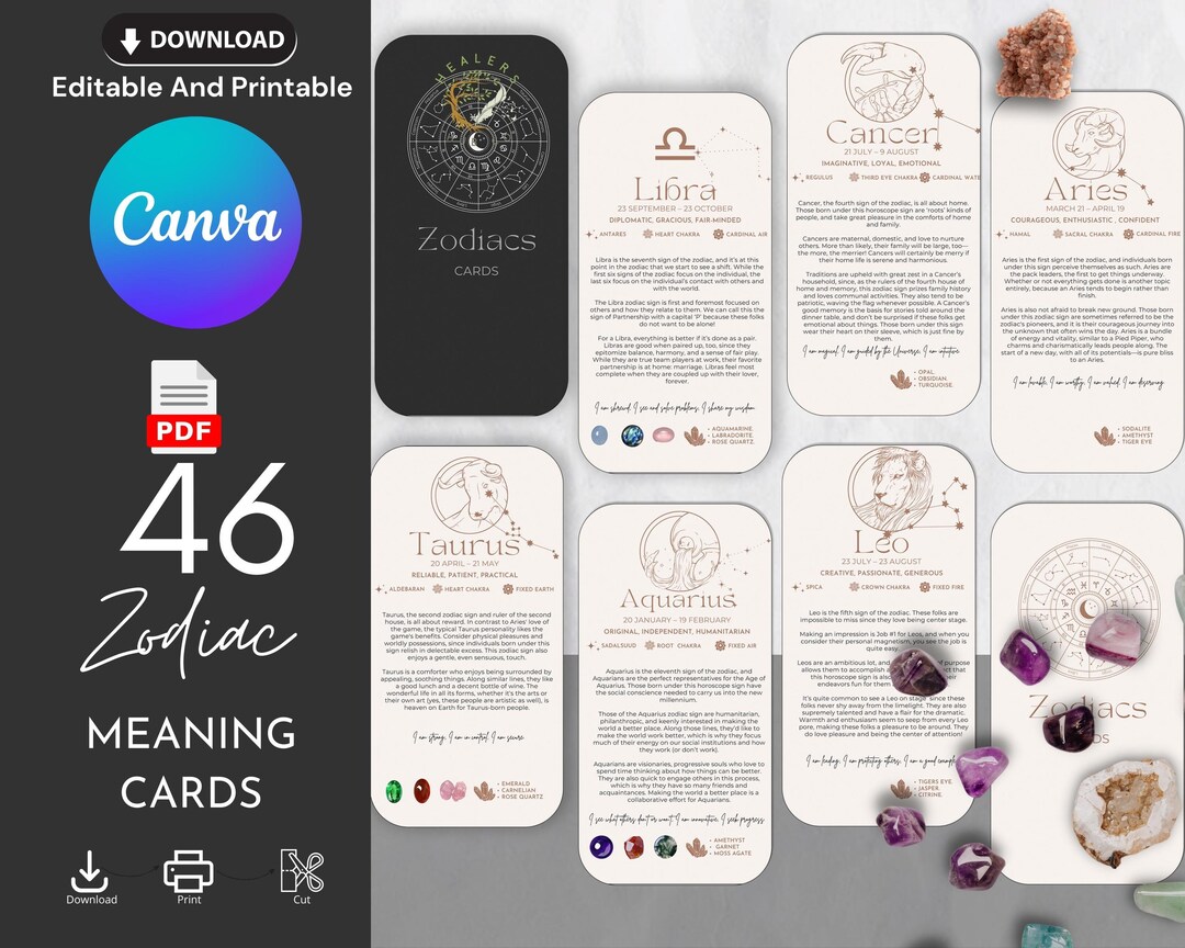 46 Editable and Printable Zodiac Signs Meaning Cards - Etsy