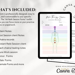 Op de afbeelding: Een digitale tablet die een printbaar Reiki Therapy Session Chakra Records formulier weergeeft. Het formulier bevat een tabel met zeven chakra's, elk weergegeven in een andere kleur, en ruimte voor notities voor en na de sessie. De tekst "Canva en PDF" is zichtbaar in de rechterbovenhoek van de afbeelding.