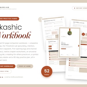 May include: A 52-page Akashic Workbook digital document featuring guided practice pages, grounding practice, foundations, and a symbol lexicon. The layout includes text in brown and black on a white background with buttons for instant download.