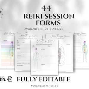 Op de afbeelding: 44 printbare Reiki-sessieformulieren in US- en A4-formaat. De formulieren bevatten secties voor chakra-notities, informatie over de cli&euml;nt van de Reiki-sessie op afstand en notities over het kroonchakra. De formulieren zijn volledig bewerkbaar en kunnen voor persoonlijk of professioneel gebruik worden gebruikt.