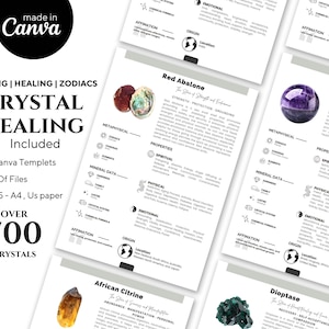 Bundel 700 Advanced Crystal Reference Guide: canva-sjablonen en pdf's, gedetailleerde kristalbetekenissen, metafysische inzichten, dierenriem, chakra's,