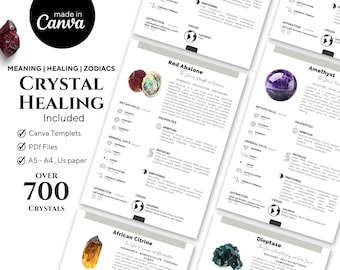 May include: A set of printable crystal healing cards featuring images of various crystals, including red abalone, amethyst, African citrine, and dioptase. Each card includes information about the crystal's meaning, healing properties, metaphysical properties, and origin. The cards are designed to be used for crystal healing, meditation, and spiritual growth. The text on the cards includes the words "Crystal Healing", "Over 700 Crystals", "Meaning | Healing | Zodiacs", and "Included".