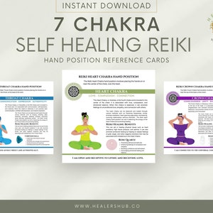 May include: A set of three reference cards for Reiki self-healing, featuring illustrations of people in yoga poses. The cards display information about the Throat, Heart, and Crown Chakras, with text and graphics. The cards are designed for instant download.