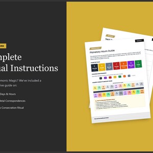 May include: A comprehensive guide titled "Complete Ritual Instructions" with the text "Planetary Days & Hours", "Color & Metal Correspondences", and "The 8-Step Consecration Ritual". The image also includes a "Planetary Hours Guide" with color-coded charts.