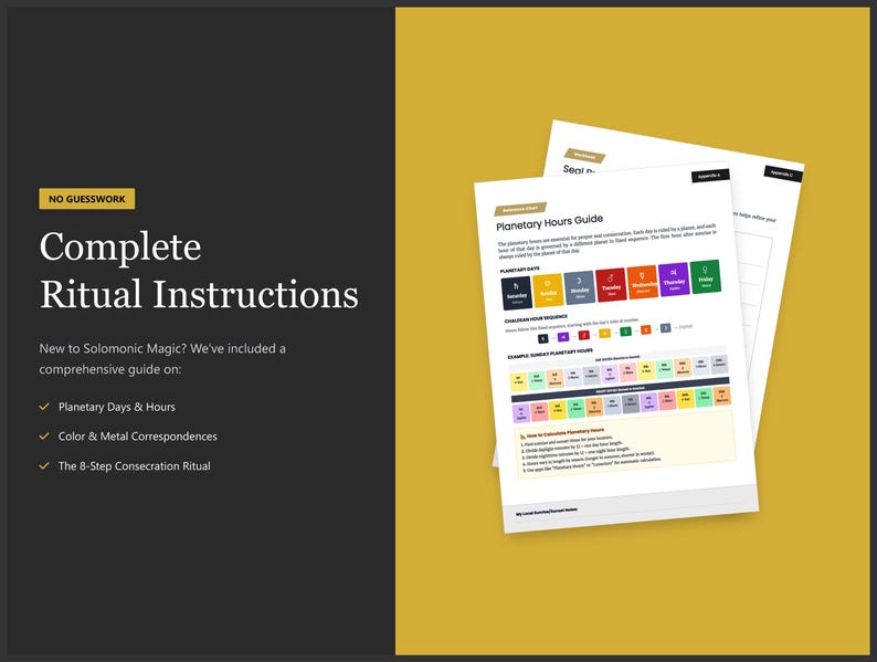 May include: A comprehensive guide titled "Complete Ritual Instructions" with the text "Planetary Days & Hours", "Color & Metal Correspondences", and "The 8-Step Consecration Ritual". The image also includes a "Planetary Hours Guide" with color-coded charts.