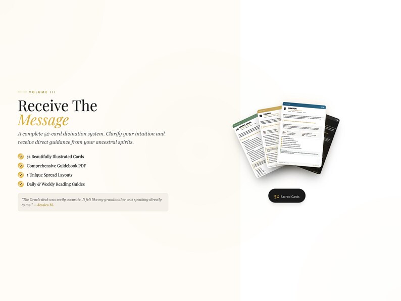 Peut inclure: L'image pr&eacute;sente un syst&egrave;me de divination intitul&eacute; &laquo;&nbsp;Receive The Message&nbsp;&raquo;. Il comprend un jeu de 52 cartes, un guide, des pr&eacute;sentations uniques et des guides de lecture quotidiens. Les cartes sont affich&eacute;es avec un bouton noir intitul&eacute; &laquo;&nbsp;52 Sacred Cards&nbsp;&raquo;.