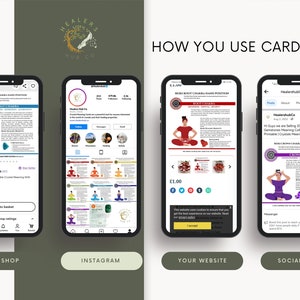 May include: Image showing four smartphone screens displaying content from Etsy, Instagram, a website, and social media. The screens showcase information about crystals and chakra healing, with text and graphics.
