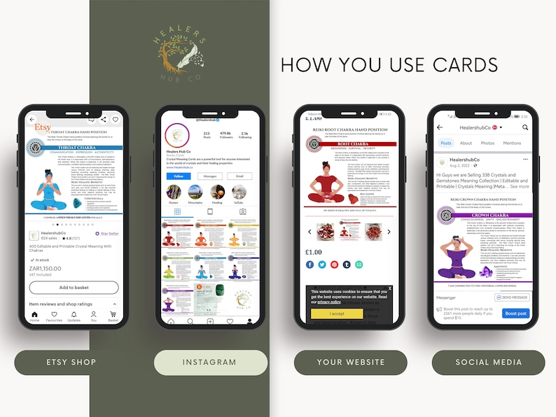 May include: Image showing four smartphone screens displaying content from Etsy, Instagram, a website, and social media. The screens showcase information about crystals and chakra healing, with text and graphics.