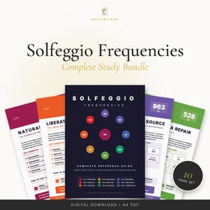 以下が含まれることがあります： 「Solfeggio Frequencies」というタイトルの完全なスタディバンドル。濃い青色の表紙とカラフルな円があります。バンドルには、「Natural」、「Liberation」、「Source」、「A Repair」などのタイトルが付いた10ページの参照ガイドセットが含まれています。「Digital Download - A4 PDF」というテキストが一番下にあります。