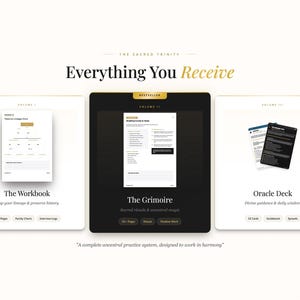 Peut inclure: Image pr&eacute;sentant trois produits num&eacute;riques : "The Workbook", "The Grimoire" et "Oracle Deck". Le texte "Everything You Receive" est affich&eacute; au-dessus. Le Grimoire est mis en avant comme un best-seller. Design &eacute;pur&eacute; et minimaliste.