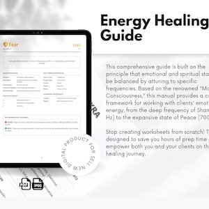 May include: A digital "Energy Healing Guide" on a tablet, offering information on emotional and spiritual states. The screen shows the word "Fear" and the number "100." A sticker reads "Digital Product for Sell." The guide is for healing.