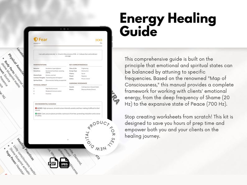 May include: A digital "Energy Healing Guide" on a tablet, offering information on emotional and spiritual states. The screen shows the word "Fear" and the number "100." A sticker reads "Digital Product for Sell." The guide is for healing.