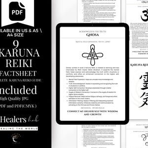 May include: A digital download in black and white, presenting a Karuna Reiki factsheet. The image includes text stating "9 Karuna Reiki Factsheet" and "Complete Karuna Reiki Guide." A tablet displays information about the subject, with measurements in cm.