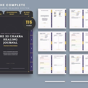 May include: A dark navy blue journal titled "The 22 Chakra Healing Journal" with the text "The Complete 22 Chakra Healing System." The journal has 115 pages and is labeled "Hyperlinked," "Goodnotes Ready," and "Print Ready."