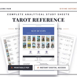 May include: A stack of white paper sheets with the text "TAROT REFERENCE" and "SUIT OF CUPS" in a black and blue design. The sheets include illustrations of tarot cards and the words "PRINTABLE PDF" and "INSTANT DIGITAL ACCESS".