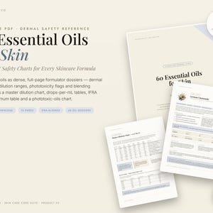 May include: A printable PDF dermal safety reference guide titled 60 Essential Oils for Skin, featuring dilution and safety charts for skincare formulas, including master dilution charts, drops-per-mL tables, and IFRA dermal maximum tables.