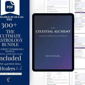 May include: A digital astrology bundle with over 300 resources, including fact sheets, workbooks, and a complete astrology guide. The bundle is available in US and A4 sizes, and includes PDF and PDF(CMYK) formats. The cover features the text "The Ultimate Astrology Bundle."