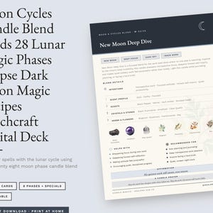 May include: A digital deck of 28 moon cycle candle blend cards featuring the New Moon Deep Dive card. The card displays a dark header with a crescent moon icon, text details on intentions, scent profiles, crystals, herbs, and a candle prayer.