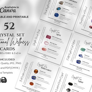 Kit de 52 tarjetas de cristales para emociones, conjuntos de tarjetas de cristales, conjuntos de cristales emocionales editables e imprimibles, tarjetas de cristales de referencia para sanación energética