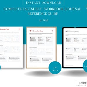 May include: A digital download graphic with the text "INSTANT DOWNLOAD COMPLETE FACTSHEET | WORKBOOK | JOURNAL REFERENCE GUIDE". The image includes three documents labeled "Understanding Guilt", "Understanding Shame", and "Understanding Apathy". The image also includes the text "Art Wall", "Canvas", and "Digital PDF".
