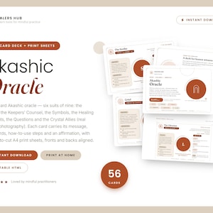 May include: A 54-card Akashic Oracle deck featuring six suits including the Gates, Keepers' Counsel, Symbols, Healing Currents, Questions, and Crystal Allies. The set includes printable A4 sheets with card fronts and backs, displaying text, affirmations, and instructional steps in a clean, neutral layout with terracotta accents.