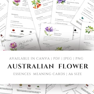 69 australische Buschblüten Essenzen mit Kristallen A6 Größe, Apothekerkraut Bedeutungskarten, bearbeitbare Kräuterkundekarten, botanische Infokarten